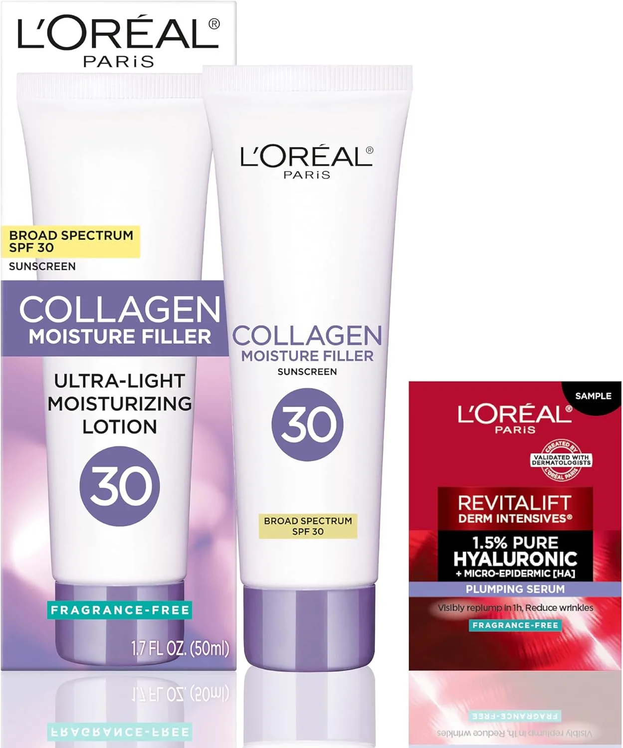 L'Oreal Paris Collagen Moisture Filler Face Cream with Broad Spectrum SPF 30, Anti-Aging Face Moisturizer and Daily Sunscreen For Face, Includes Face Serum Sample