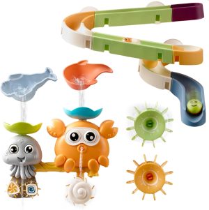 OR OR TU Baby Bath Toys for 1 2 3 4+ Year Olds, Toddler Kids Bath Toy with Suction Cups Slide Track Bathtub Toy, Watermill Rotating Water Toys Baby Bath Shower Swimming Toys