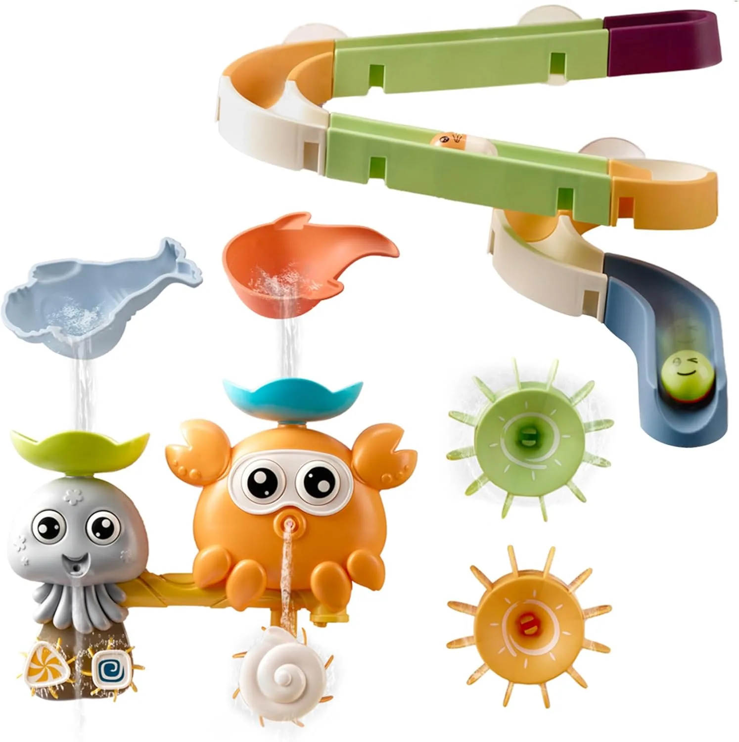 OR OR TU Baby Bath Toys for 1 2 3 4+ Year Olds, Toddler Kids Bath Toy with Suction Cups Slide Track Bathtub Toy, Watermill Rotating Water Toys Baby Bath Shower Swimming Toys