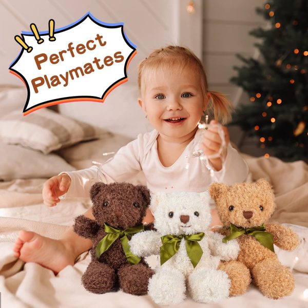 ⁦TERRIFI 3 Packs Teddy Bear Stuffed Animals 3 Colors Plush Toys with 6 Pieces Bow Ties 9 Inch Height Cute Soft Teddy Bears Gift for Baby Shower Wedding Birthday Party Favors (Dark Brown, Golden, White)⁩ - الصورة ⁦3⁩