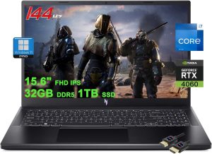 ايسر لابتوب العاب نيترو في 15 بشاشة FHD IPS 15.6 انش 144Hz ومعالج انتل 10 كور i7-13620H وذاكرة DDR5 سعة 32GB وSSD سعة 1TB وبطاقة جيفورس RTX 4060 واضاءة خلفية USB-C وويندوز 11 برو مع ملحق DLCA