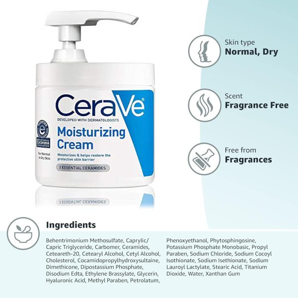 ⁦CeraVe Moisturizing Cream with Pump Daily Face and Body Moisturizer for Dry Skin - 16oz⁩ - الصورة ⁦7⁩