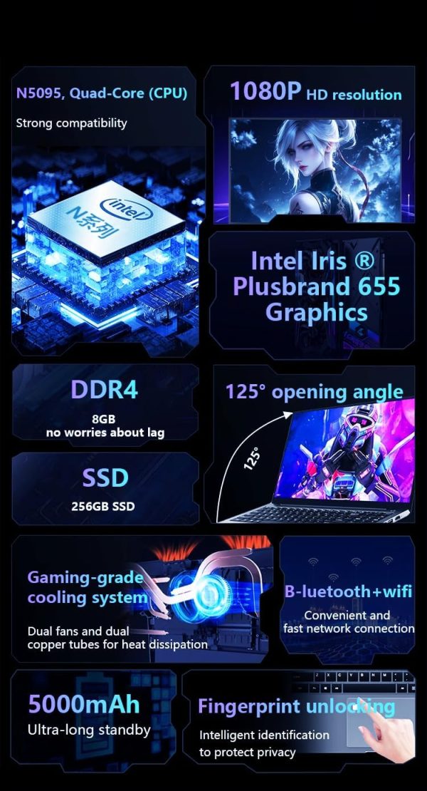 ⁦لابتوب 16 انش، انتل سيليرون N5095 رباعي النواة 2.0GHz، 8GB DDR4، 256GB SSD، شاشة FHD IPS، ويندوز 11، خفيف الوزن ومحمول، كاميرا ويب، واي فاي، بلوتوث، فتح بصمة الاصبع، مثالي للعمل والدراسة⁩ - الصورة ⁦3⁩