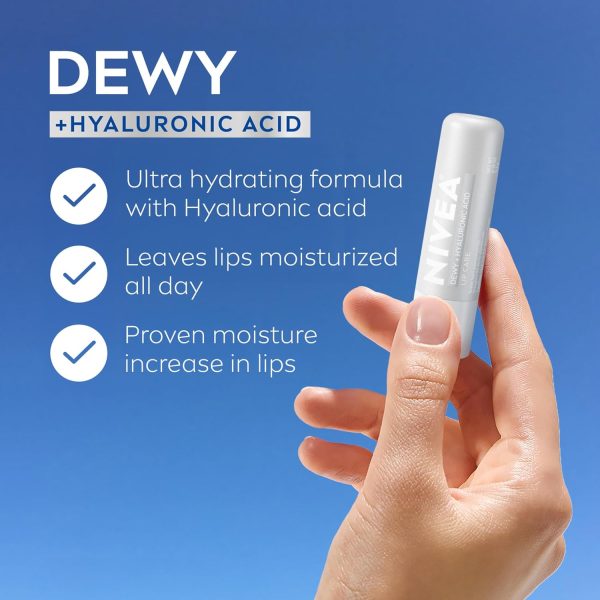 ⁦NIVEA Dewy Lip Care with Hyaluronic Acid, Lip Balm Leaves Visibly Less Noticeable Lip Lines and No Waxy Feel, 0.18 Oz, Pack of 4⁩ - الصورة ⁦2⁩