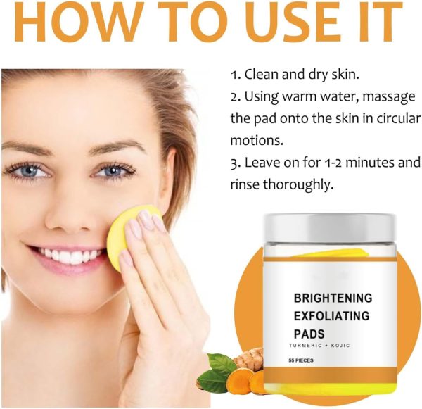 ⁦55PCS Turmeric Kojic Acid Cleansing Pads, Kojic Acid And Turmeric Pads for Unclog Pores, Dark Spots, Dull Skin, Helps Balance Skin Oil And Water - Turmeric Face Exfoliating Pads, Pores Deep Clean⁩ - الصورة ⁦7⁩