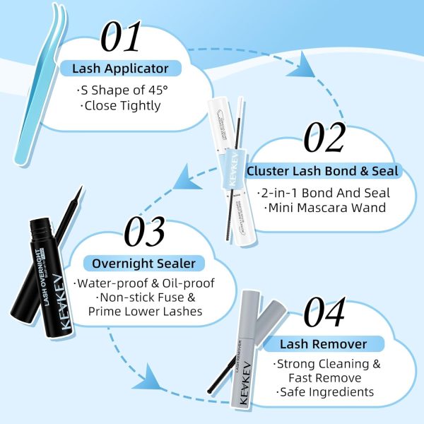 ⁦KevKev DIY Lash Extension Kit Lash Clusters Kit 84 Pcs Cluster Lashes with Lash Bond and Seal 5 ml Lash Glue Remover Overnighter Seal and Lash Applicator for DIY Eyelash Extension(Cloudy⁩ - الصورة ⁦5⁩