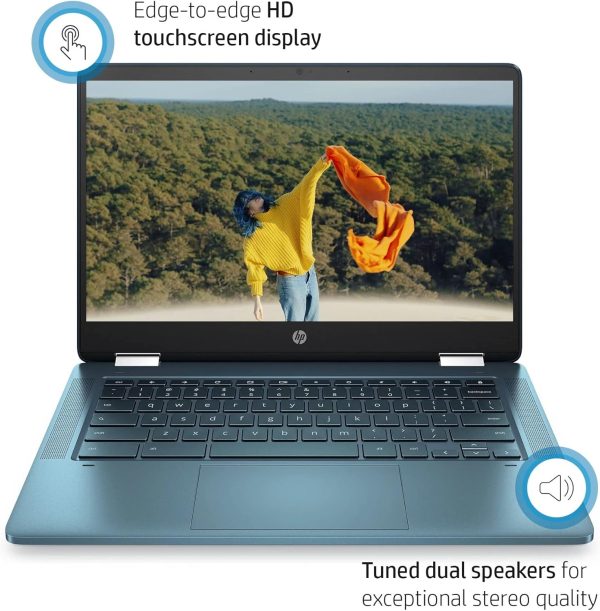 ⁦HP لابتوب كروم بوك X360 2 في 1 بشاشة لمس HD مقاس 14 انش ومعالج انتل سيليرون N4120 وذاكرة RAM 4GB وبطاقة الذاكرة اي ام ام سي 64GB ونظام تشغيل كروم - اخضر مزرق (14a-ca0790wm)⁩ - الصورة ⁦3⁩