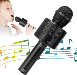 KIDWILL Wireless Bluetooth Karaoke Microphone for Kids, 5-in-1 Portable Handheld Karaoke Mic Speaker Player Recorder with Adjustable Remix FM Radio for Kids Girls Boys Teens Birthday (Black)