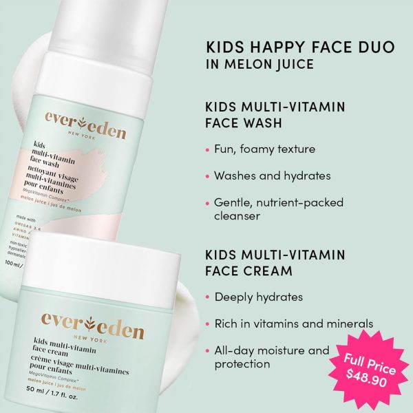 ⁦Evereden Kids Happy Face Duo: Kids Face Cream, 1.7 oz. & Kids Face Wash, 100 ml | Melon Juice Scent | 2 Item Bundle Set | Plant Based Ingredients | Clean and Natural Skincare for Kids⁩ - الصورة ⁦2⁩