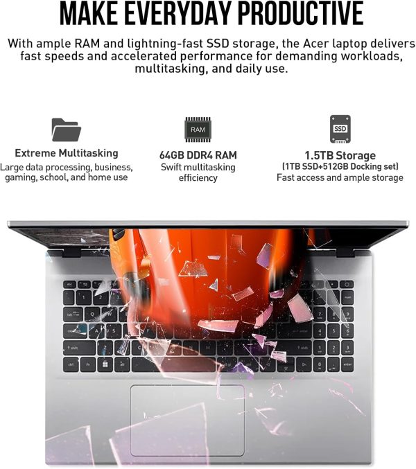 ⁦ايسر لابتوب اسباير 3 15.6 انش FHD مقاس 15 انش لطلاب الجامعة، AMD رايزن 7، ذاكرة RAM 64GB وSSD 1TB + مجموعة توصيل 512GB، ويندوز 11 برو لايف تايم اوفيس، منفذ ايثرنت، 10 مفاتيح⁩ - الصورة ⁦6⁩