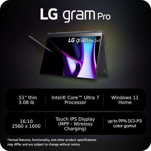 ⁦LG gram Pro 2 in1 16-Inch Lightweight and Versatile Laptop Intel Evo Edition - Intel Core Ultra 7 16GB RAM 1TB SSD - Black⁩ - الصورة ⁦3⁩