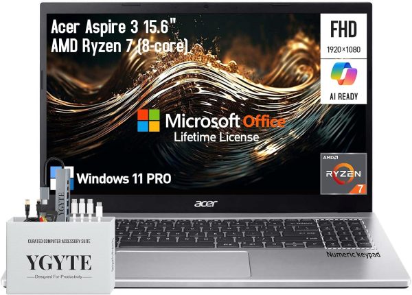 ايسر لابتوب اسباير 3 15.6 انش FHD مقاس 15 انش لطلاب الجامعة، AMD رايزن 7، ذاكرة RAM 64GB وSSD 1TB + مجموعة توصيل 512GB، ويندوز 11 برو لايف تايم اوفيس، منفذ ايثرنت، 10 مفاتيح
