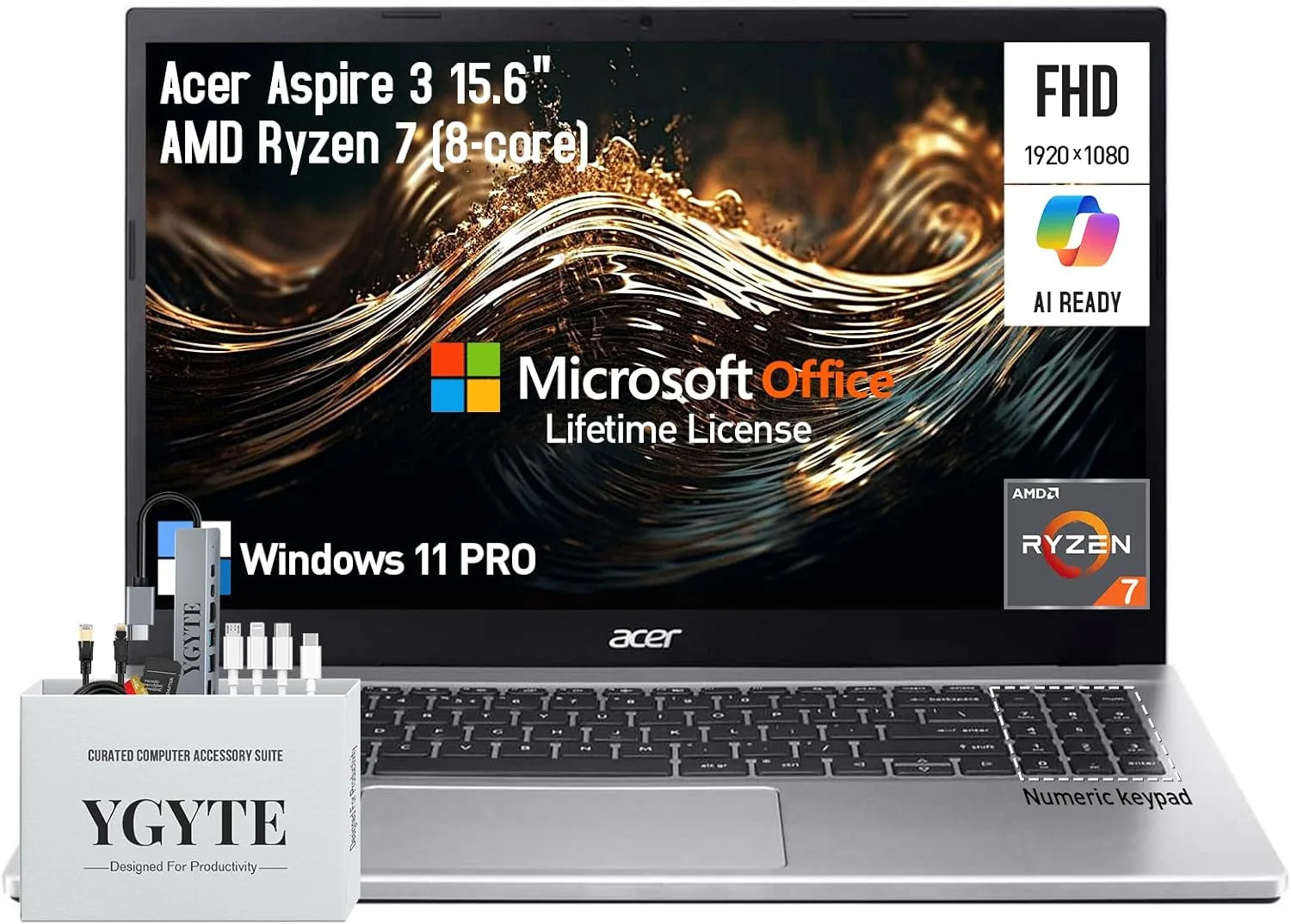 ايسر لابتوب اسباير 3 15.6 انش FHD مقاس 15 انش لطلاب الجامعة، AMD رايزن 7، ذاكرة RAM 64GB وSSD 1TB + مجموعة توصيل 512GB، ويندوز 11 برو لايف تايم اوفيس، منفذ ايثرنت، 10 مفاتيح