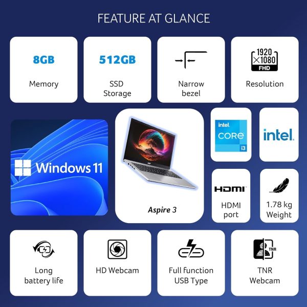 ⁦نوت بوك اسباير 3 بذاكرة RAM 4GB وSSD 256GB ومعالج انتل كور i3 1215U وويندوز 11 برو⁩ - الصورة ⁦2⁩