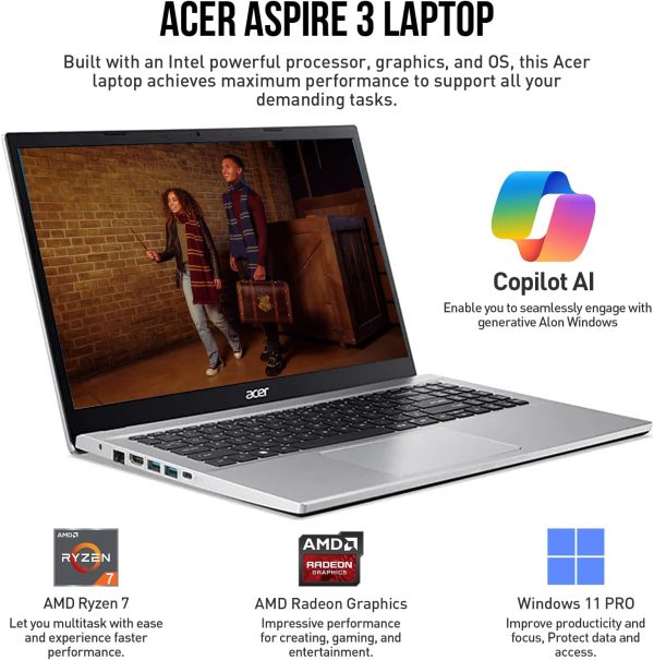 ⁦ايسر لابتوب اسباير 3 15.6 انش FHD مقاس 15 انش لطلاب الجامعة، AMD رايزن 7، ذاكرة RAM 64GB وSSD 1TB + مجموعة توصيل 512GB، ويندوز 11 برو لايف تايم اوفيس، منفذ ايثرنت، 10 مفاتيح⁩ - الصورة ⁦3⁩