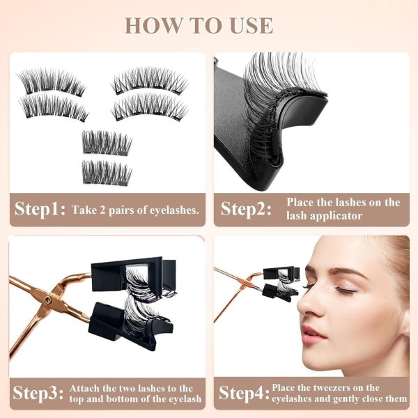 ⁦ALMEKAQUZ Magnetic Eyelashes Without Eyeliner, 6 Pairs of 2-Layer Reusable Magnetic Eyelashes, Natural Looking, No Glue 3D False Eyelash Set with Applicator Tweezers, Magnetic False Eyelashes⁩ - الصورة ⁦4⁩