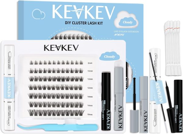 KevKev DIY Lash Extension Kit Lash Clusters Kit 84 Pcs Cluster Lashes with Lash Bond and Seal 5 ml Lash Glue Remover Overnighter Seal and Lash Applicator for DIY Eyelash Extension(Cloudy