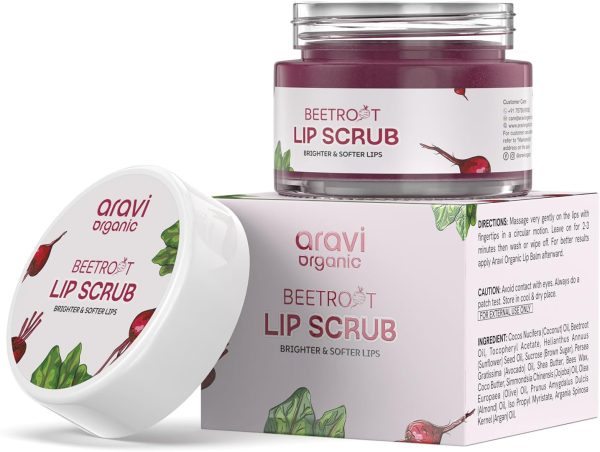 Aravi Organic Beetroot Lip Scrub with Shea Butter & Cocoa Butter – For Dark, Chapped & Pigmented Lips – Suitable for Men and Women - 0.5 FL Oz / 15gm