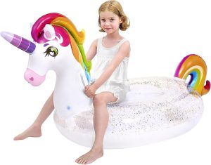 JOYIN Inflatable Unicorn Pool Float with Glitters, Fun Beach Floaties, Ride On Unicorn Raft, Pool Toys, Summer Party Lounge Raft Decorations for Kids (69" x 29.5" x 33.5")