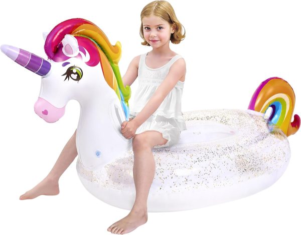 JOYIN Inflatable Unicorn Pool Float with Glitters, Fun Beach Floaties, Ride On Unicorn Raft, Pool Toys, Summer Party Lounge Raft Decorations for Kids (69" x 29.5" x 33.5")
