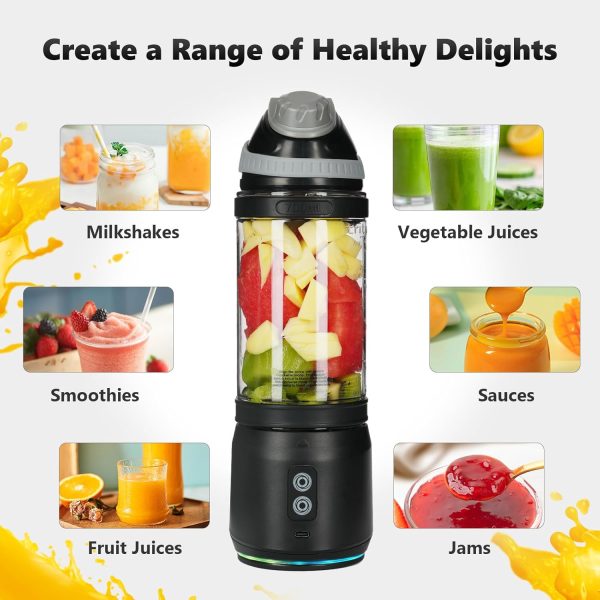 ⁦ZUERST Personal Size Hand Blender, Mini Travel Smoothie Maker With Lid Straw, Wireless Portable, 700ml, Black⁩ - الصورة ⁦2⁩