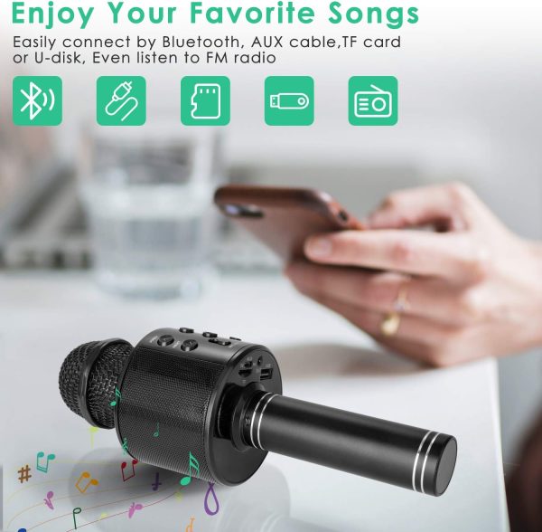 ⁦KIDWILL Wireless Bluetooth Karaoke Microphone for Kids, 5-in-1 Portable Handheld Karaoke Mic Speaker Player Recorder with Adjustable Remix FM Radio for Kids Girls Boys Teens Birthday (Black)⁩ - الصورة ⁦3⁩