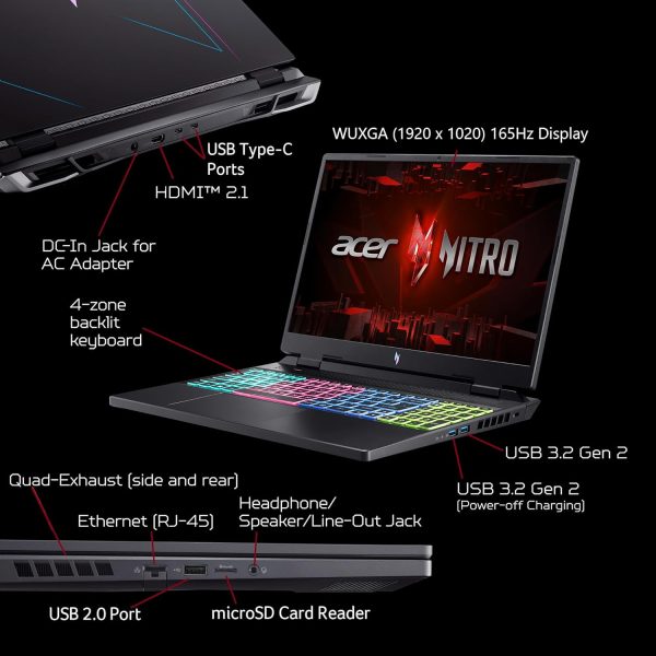 ⁦Acer Nitro 16 Gaming Laptop | AMD Ryzen 5 7640HS Hexa-Core CPU | NVIDIA GeForce RTX 4050 Laptop GPU | 16-Inch WUXGA 165Hz IPS Display | 8GB DDR5 | 512GB Gen 4 SSD | WiFi 6E | RGB⁩ - الصورة ⁦9⁩
