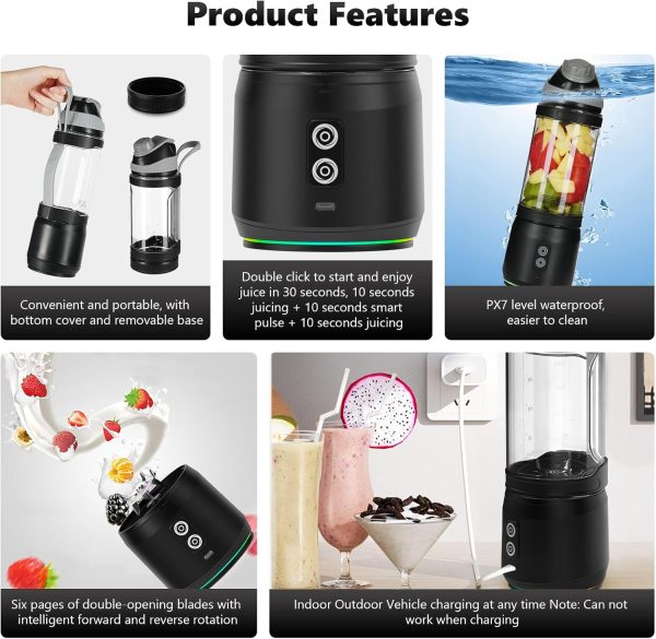 ⁦ZUERST Personal Size Hand Blender, Mini Travel Smoothie Maker With Lid Straw, Wireless Portable, 700ml, Black⁩ - الصورة ⁦4⁩