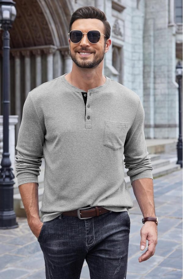 ⁦COOFANDY Men Long Sleeve Henley T-Shirs Casual Basic Lightweight Fashion Shirts Soild Tees with Pockets⁩ - الصورة ⁦2⁩
