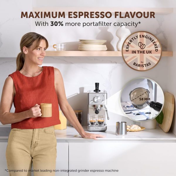 ⁦Breville Barista Slimline Espresso Machine, Integrated Milk Frother, Compact Coffee Maker for Cappuccinos, Lattes and More, 15 Bar Italian Pump, Silver, VCF185⁩ - الصورة ⁦2⁩