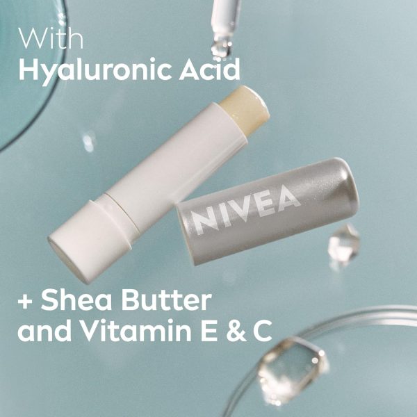 ⁦NIVEA Dewy Lip Care with Hyaluronic Acid, Lip Balm Leaves Visibly Less Noticeable Lip Lines and No Waxy Feel, 0.18 Oz, Pack of 4⁩ - الصورة ⁦4⁩