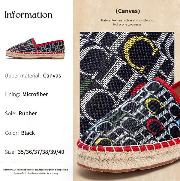 ⁦Women's Loafers with Spliced Letter Print Flat Shoes for Comfortable Walking Grass Woven Linen Sole⁩ - الصورة ⁦3⁩