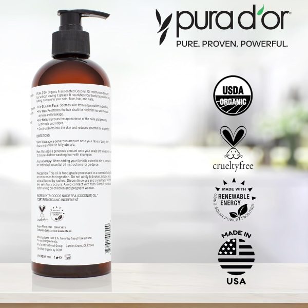 ⁦PURA D'OR 16 Oz ORGANIC Fractionated Coconut Oil - MCT Oil - 100% Pure & Natural USDA Certified Cold Pressed Carrier Oil - Unscented, Hexane Free Moisturizer For Face, Skin & Hair Tonic - Men & Women⁩ - الصورة ⁦7⁩
