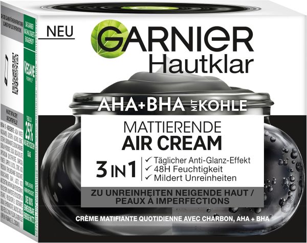 Garnier Face Cream, Mattifying Air Cream for Blemish-Prone Skin, SkinActive AHA+BHA with Charcoal 3-in-1, 50 ml