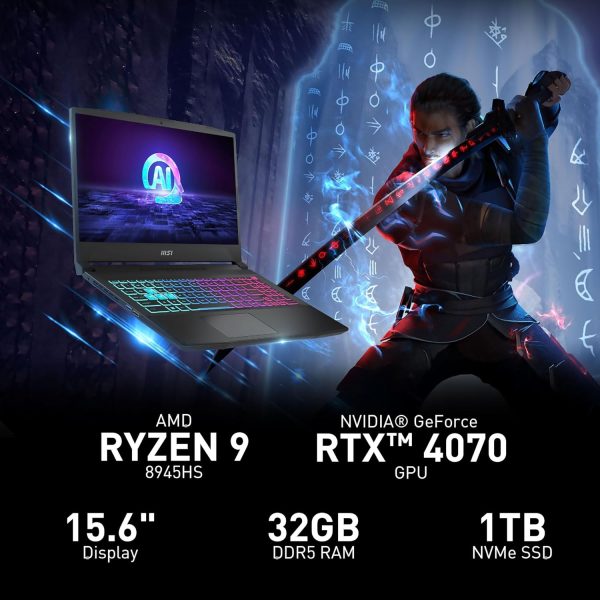 ⁦MSI Katana A15 AI 15.6” 165Hz QHD Gaming Laptop: Ryzen 9-8945HS, NVIDIA Geforce RTX 4070, 32GB DDR5, 1TB NVMe SSD, Cooler Boost 5, Win 11: Black B8VG-450US⁩ - الصورة ⁦2⁩