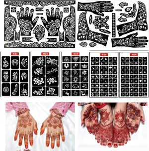 ملصقات حناء وشم مكونة من 7 قوالب وشم هندي مؤقت 163 قطعة + قوالب وشم حناء لامعة، قوالب وشم الحناء اليدوية، ملصقات وشم اليدين والقدمين والساقين والذراعين من هيبايد