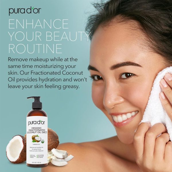⁦PURA D'OR 16 Oz ORGANIC Fractionated Coconut Oil - MCT Oil - 100% Pure & Natural USDA Certified Cold Pressed Carrier Oil - Unscented, Hexane Free Moisturizer For Face, Skin & Hair Tonic - Men & Women⁩ - الصورة ⁦5⁩