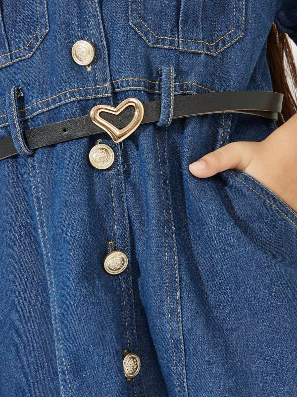 ⁦Styli Girls Solid Button Front Puff Sleeve Denim Dress With Belt⁩ - الصورة ⁦4⁩