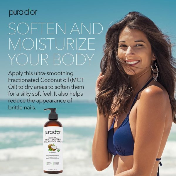 ⁦PURA D'OR 16 Oz ORGANIC Fractionated Coconut Oil - MCT Oil - 100% Pure & Natural USDA Certified Cold Pressed Carrier Oil - Unscented, Hexane Free Moisturizer For Face, Skin & Hair Tonic - Men & Women⁩ - الصورة ⁦3⁩