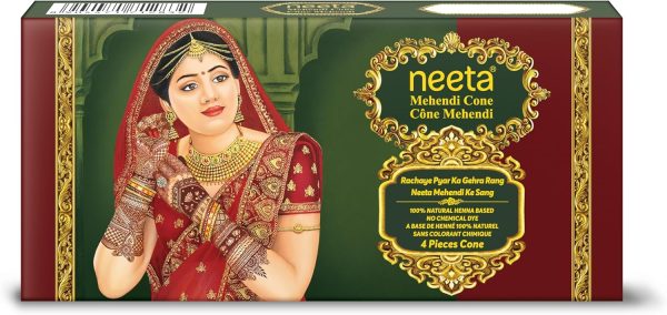 Neeta Mehendi Cones for Hand, Bridal Mehndi Cones, Natural Mehendi Cone for Wedding, Hand Designing, Reddish Brown Color Niddle Cones for Women 4 Pc in 1 Box (Pack of 4)