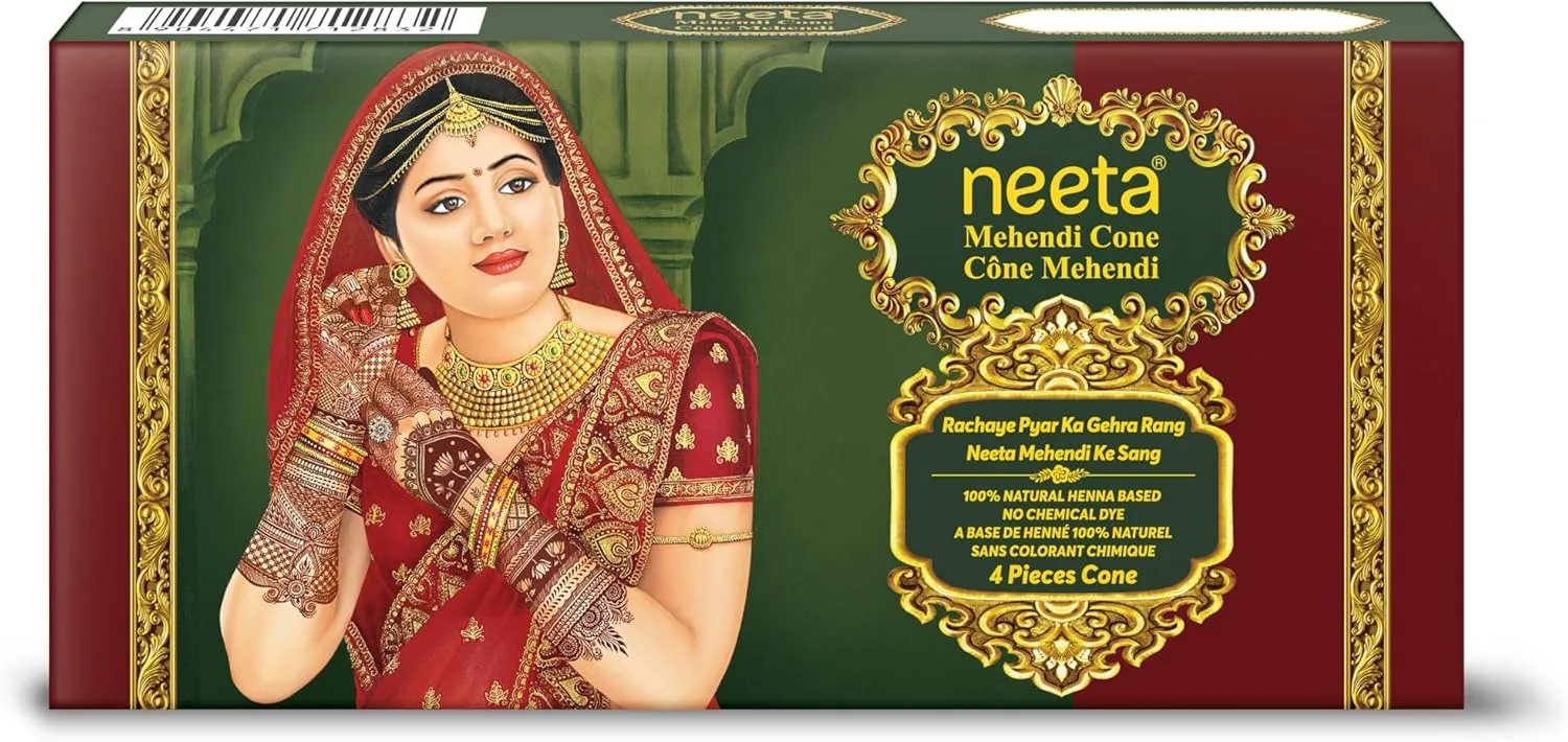 Neeta Mehendi Cones for Hand, Bridal Mehndi Cones, Natural Mehendi Cone for Wedding, Hand Designing, Reddish Brown Color Niddle Cones for Women 4 Pc in 1 Box (Pack of 4)