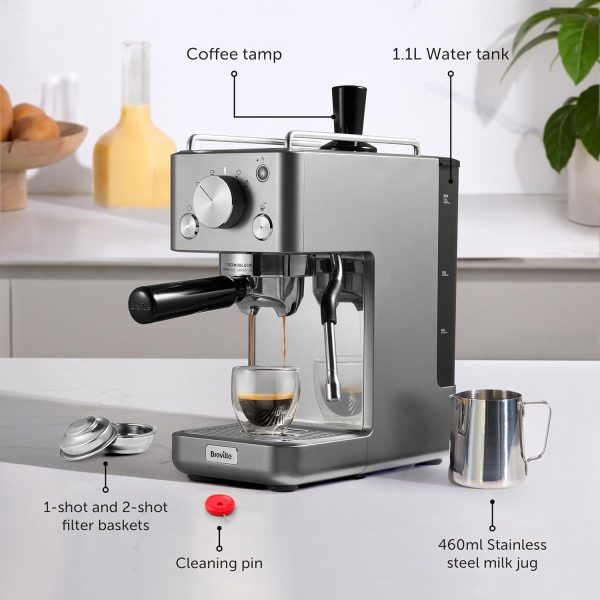 ⁦Breville Barista Slimline Espresso Machine, Integrated Milk Frother, Compact Coffee Maker for Cappuccinos, Lattes and More, 15 Bar Italian Pump, Silver, VCF185⁩ - الصورة ⁦7⁩