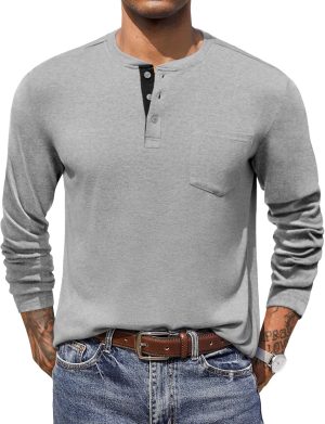 COOFANDY Men Long Sleeve Henley T-Shirs Casual Basic Lightweight Fashion Shirts Soild Tees with Pockets