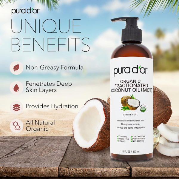 ⁦PURA D'OR 16 Oz ORGANIC Fractionated Coconut Oil - MCT Oil - 100% Pure & Natural USDA Certified Cold Pressed Carrier Oil - Unscented, Hexane Free Moisturizer For Face, Skin & Hair Tonic - Men & Women⁩ - الصورة ⁦2⁩