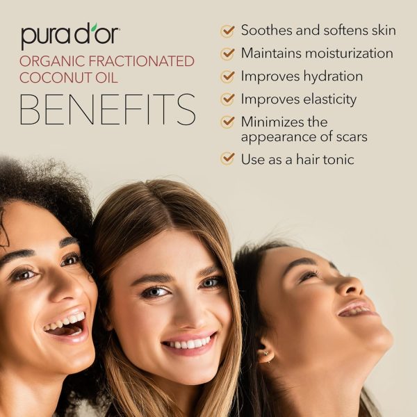 ⁦PURA D'OR 16 Oz ORGANIC Fractionated Coconut Oil - MCT Oil - 100% Pure & Natural USDA Certified Cold Pressed Carrier Oil - Unscented, Hexane Free Moisturizer For Face, Skin & Hair Tonic - Men & Women⁩ - الصورة ⁦4⁩