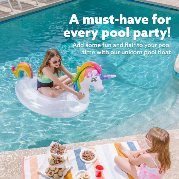 ⁦JOYIN Inflatable Unicorn Pool Float with Glitters, Fun Beach Floaties, Ride On Unicorn Raft, Pool Toys, Summer Party Lounge Raft Decorations for Kids (69" x 29.5" x 33.5")⁩ - الصورة ⁦4⁩