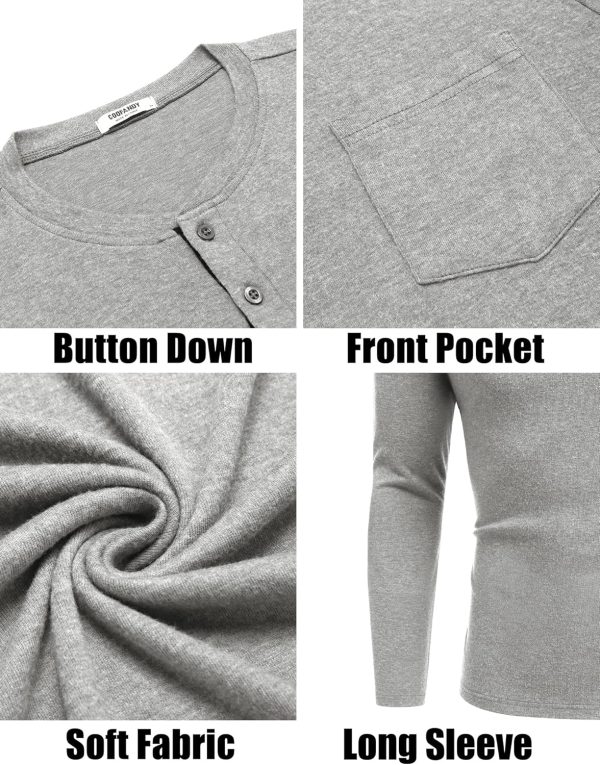 ⁦COOFANDY Men Long Sleeve Henley T-Shirs Casual Basic Lightweight Fashion Shirts Soild Tees with Pockets⁩ - الصورة ⁦5⁩