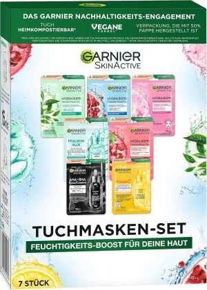 Garnier Cloth Masks Set for All Skin Types, 7 Face Masks for Dry to Normal Skin, Vegan Formula with Hyaluronic Acid, Hydra Bomb and Nutri Bomb Mask Set, 7 x 28 g