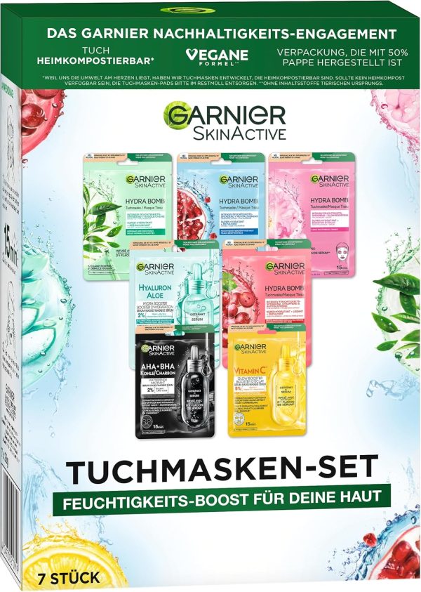 Garnier Cloth Masks Set for All Skin Types, 7 Face Masks for Dry to Normal Skin, Vegan Formula with Hyaluronic Acid, Hydra Bomb and Nutri Bomb Mask Set, 7 x 28 g