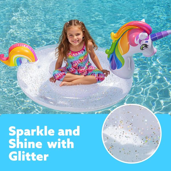 ⁦JOYIN Inflatable Unicorn Pool Float with Glitters, Fun Beach Floaties, Ride On Unicorn Raft, Pool Toys, Summer Party Lounge Raft Decorations for Kids (69" x 29.5" x 33.5")⁩ - الصورة ⁦3⁩